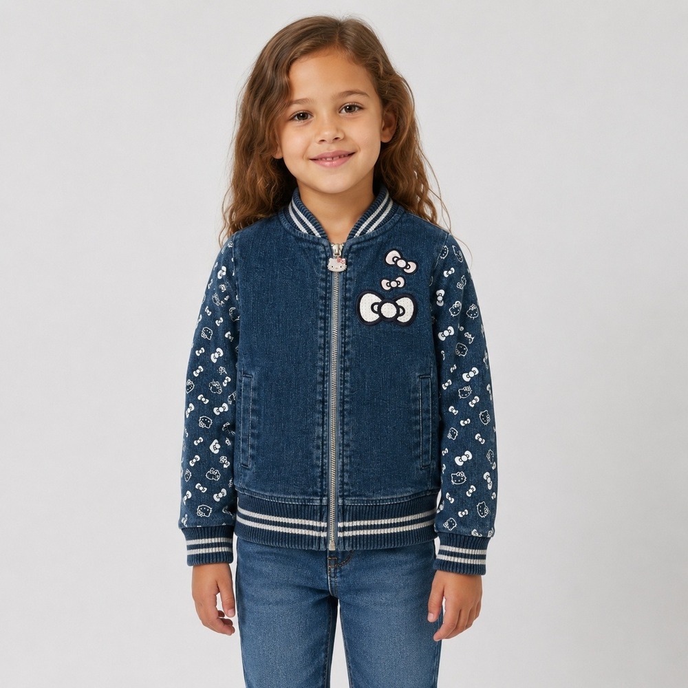 Hello Kitty Sanrio Denim Bomber Jacket Blue Sequin Bow Girls Size 5